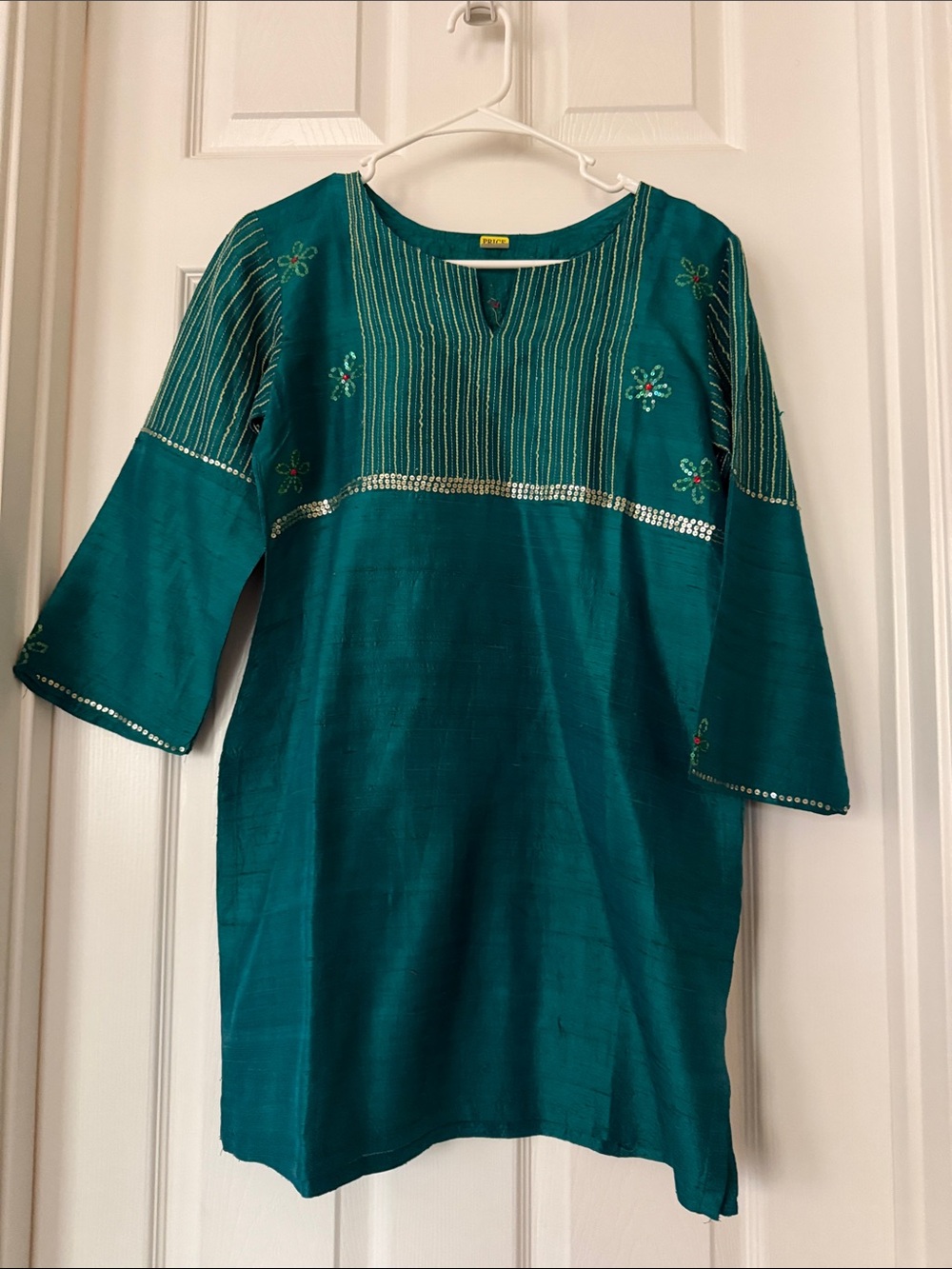 Teal Silk Embroidered Tunic Top with thread embroidery & sequined flower Accents